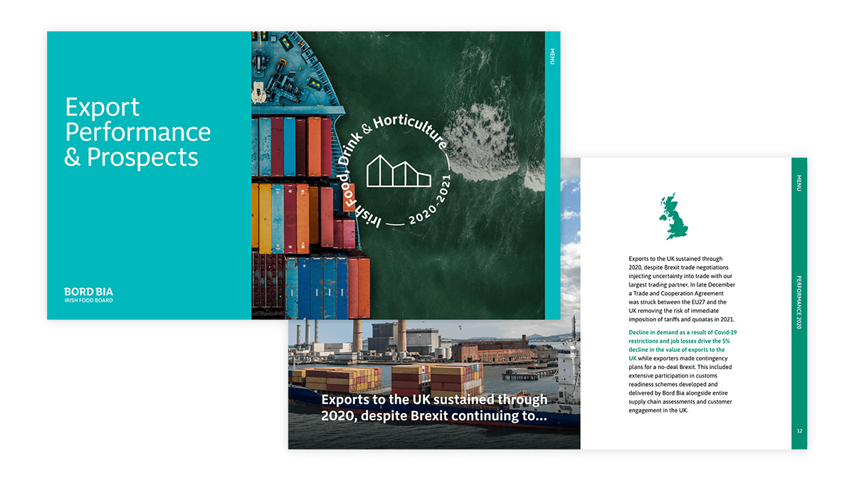 The cover of the 2022 Bord Bia annual report alongside one on the interior pages